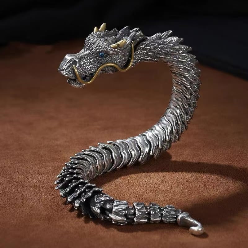 Silver Dragon Bracelet for Men, Domineering Handmade Retro Silver 3D Dragon Bracelet, Personalized Creative Dragon Jewelry, Men Jewelry Gift(7.87inch)3