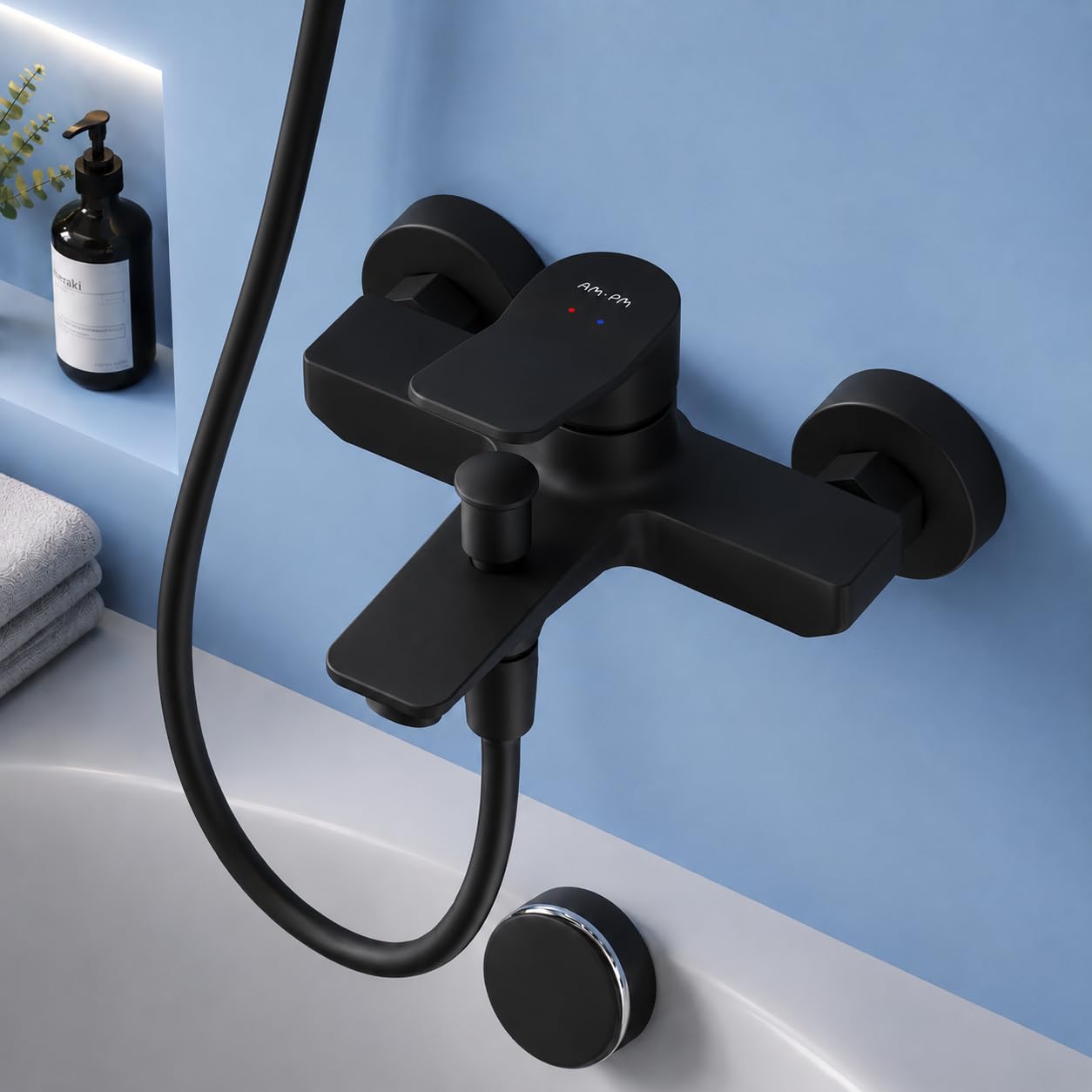 AM.PM Mitigeur de Bain Noir 2 Sorties Robinet Bain-Douche svec bec, à économie d'eau, Résistant aux fissures, Facile à nettoyer et à installer, X-Joy FXA10022