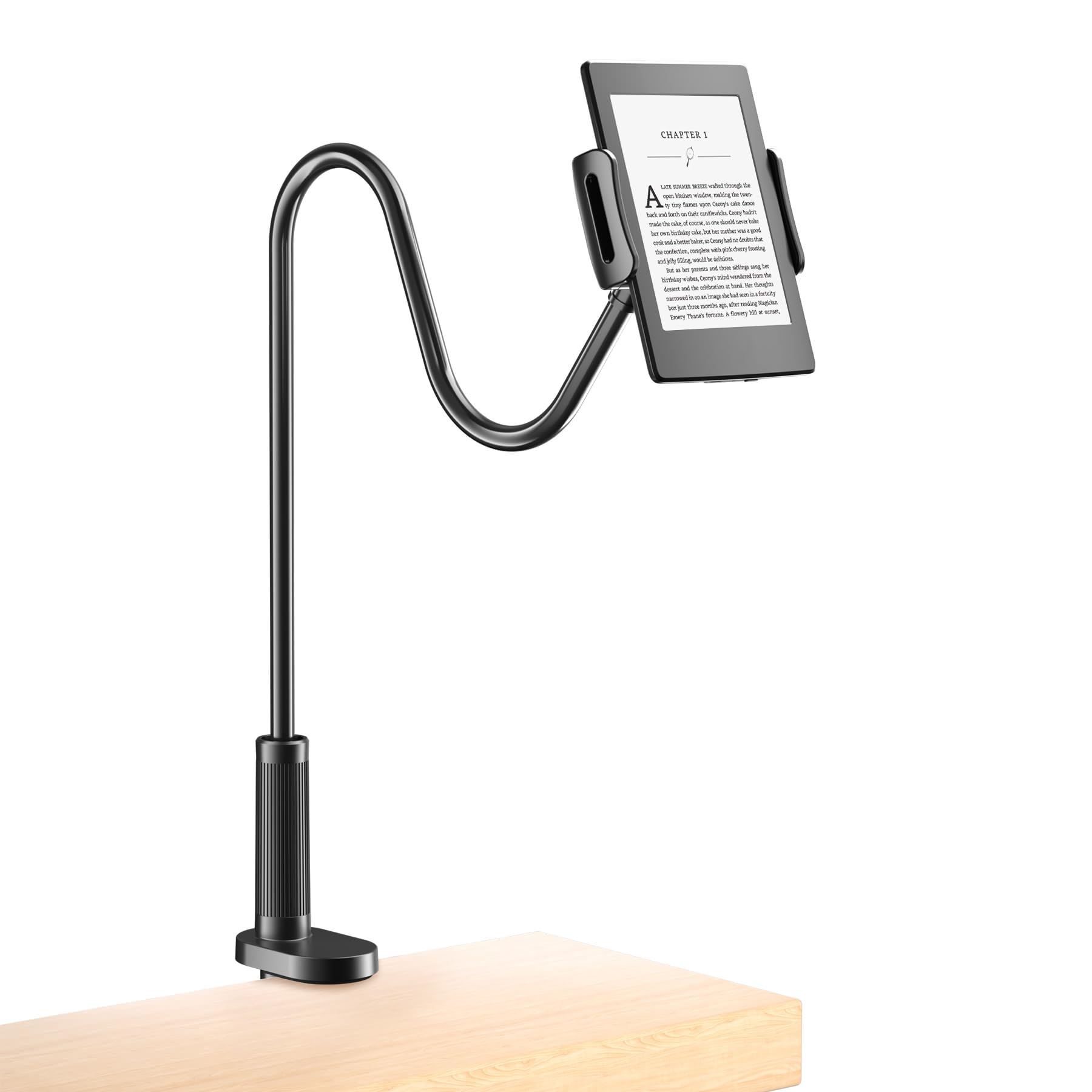 Gooseneck Holder for Kindle Reading in Bed, Hands Free Desk Bedside Lazy Arm Stand for Kindle Accessories, Compatible with iPhone iPad mini