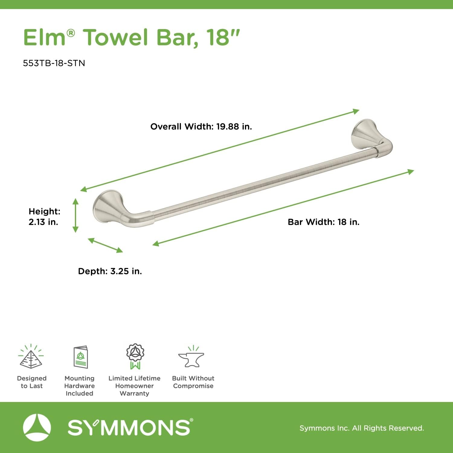 Symmons 553TB-18-STN Elm 18 in. Wall-Mounted Towel Bar in Satin Nickel