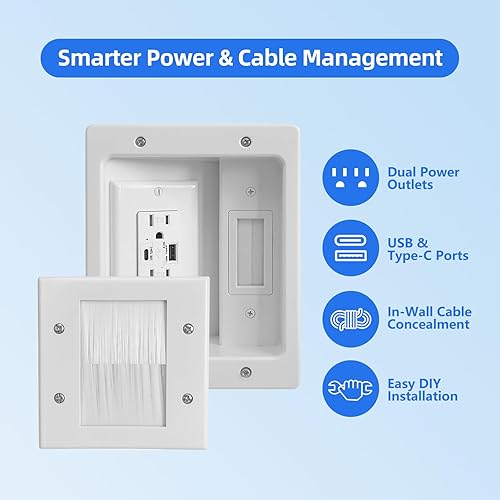 Miniatura 5 de Kit de gestión de cables de TV en pared con alimentación, dos tomas, puertos USB-A y USB-C, cable de 9 pies109 pulgadas, incluye herramientas de