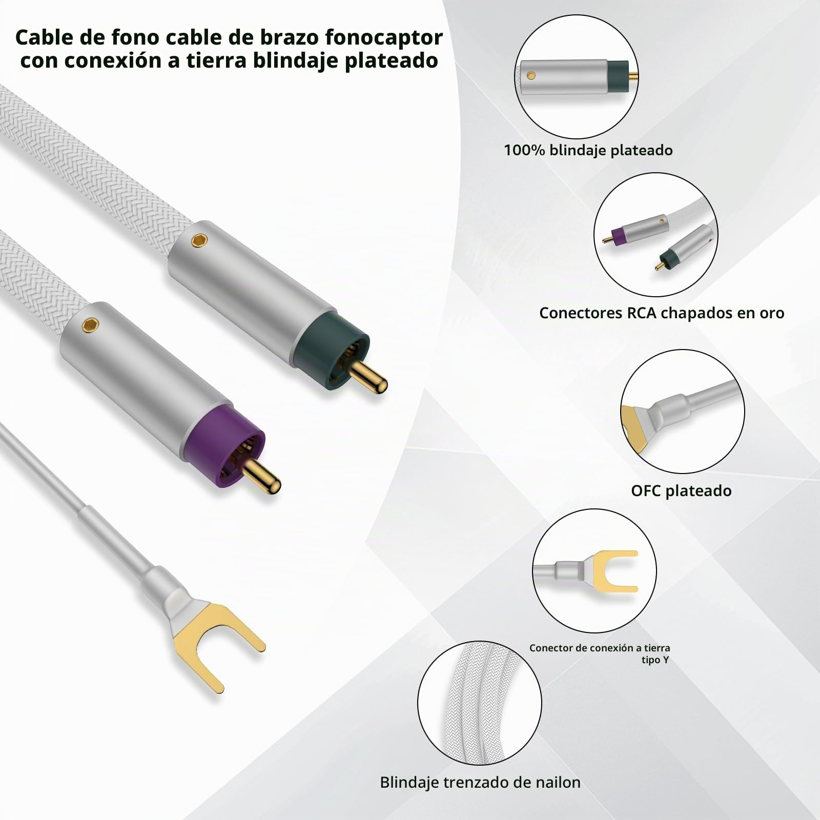 Tertullus Cable de audio con toma de tierra, 1,5 m, blindaje plateado, cable de brazo de tono OFC chapado en plata, cable RCA RCA a tierra, conectores dorados para amplificador tocadiscos (2 RCA a 2