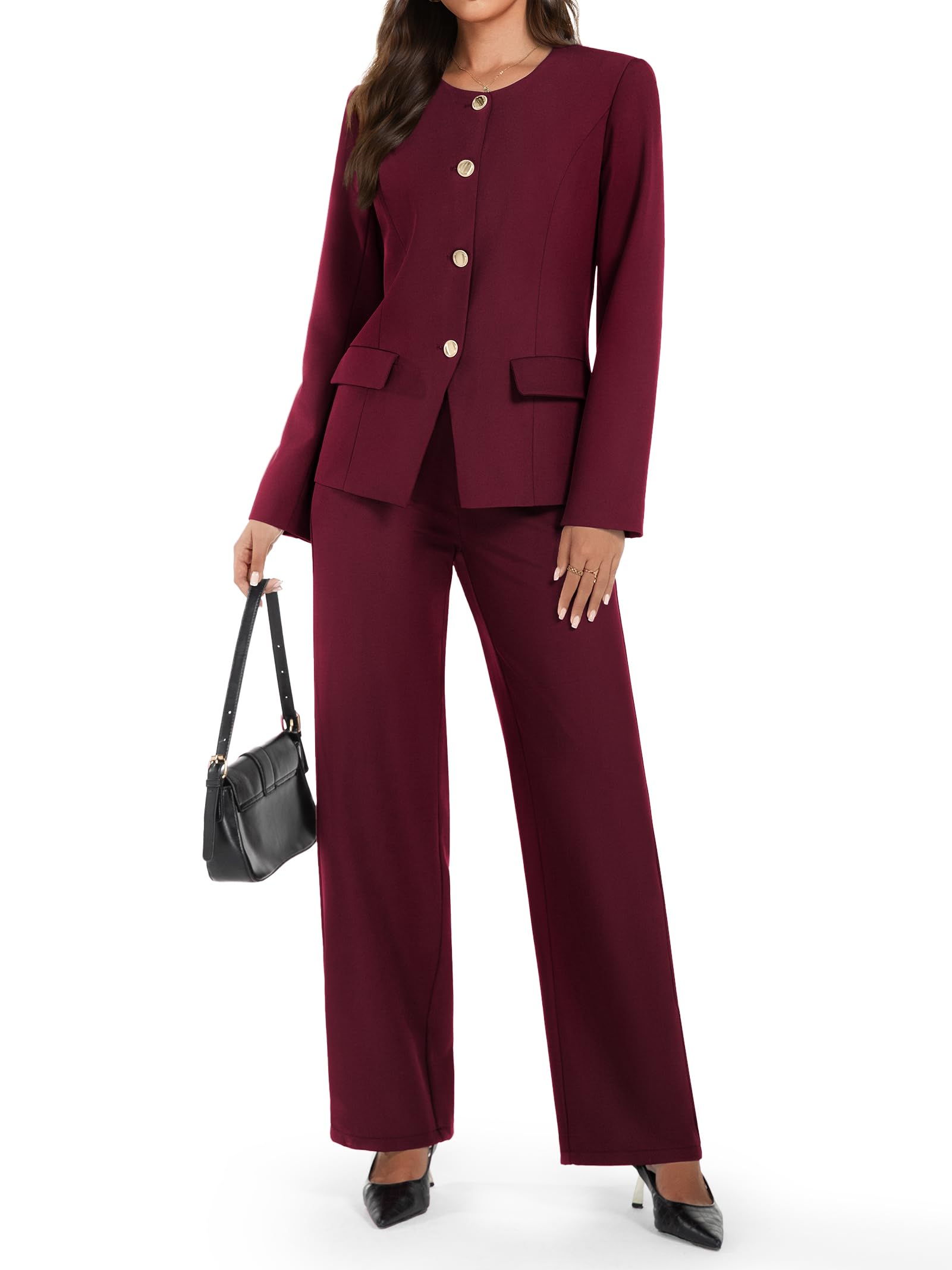 casly lamiit Women's 2 Piece Business Casual Outfits Crew Neck Button Down Blazer Wide Leg Dressy Pants Suit Sets-picture-15