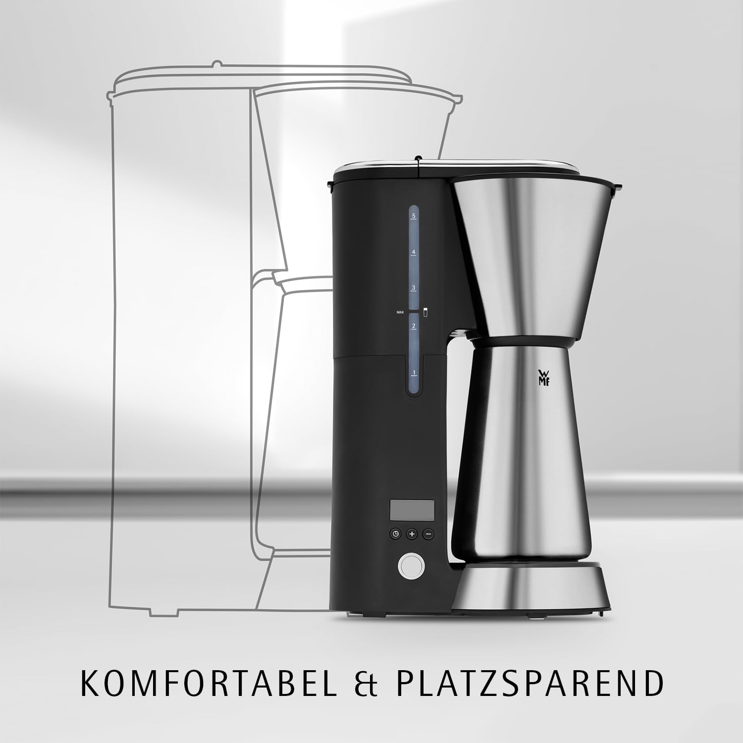 WMF Küchenminis Aroma Coffee Maker, with Thermos Flask, Filter Coffee 5 Cups, Thermal Mug to Go (350 ml), 760 Watt, 24 Hour Timer Automatic Switch Off, Silber