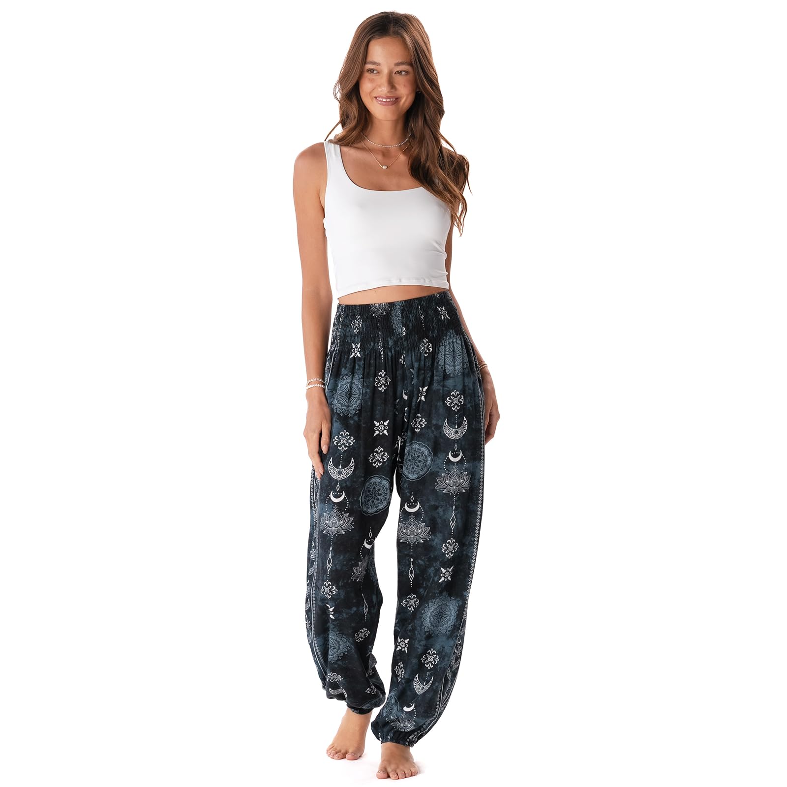 Lotus and Luna Women's Harem Pants Thai Pants for Beach &amp; Lounge High Waisted Flowy Boho Pants Genie Pants Yoga Pants