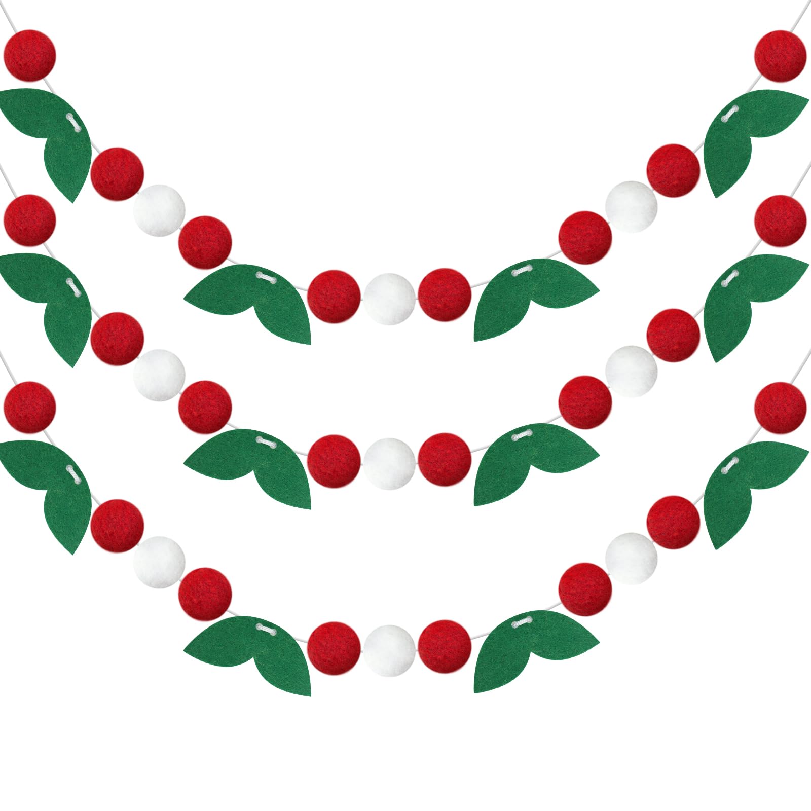 G2PLUS Aufgefädelt Weihnachten Filzkugeln Girlanden: 3 Stück Handgemachte Pompom Girlande, 36 Rot und Weiß Bälle à 3CM und 11 Grün Blätter pro Girlande, für Weihnachten, Party und Fest Dekoration