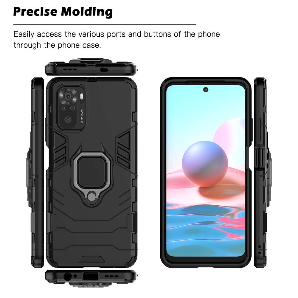 ALAMO Cover Armor per Xiaomi Redmi Note 10 4G / Note 10S, Custodia TPU+PC Antiurto con Anello Supporto - Nero