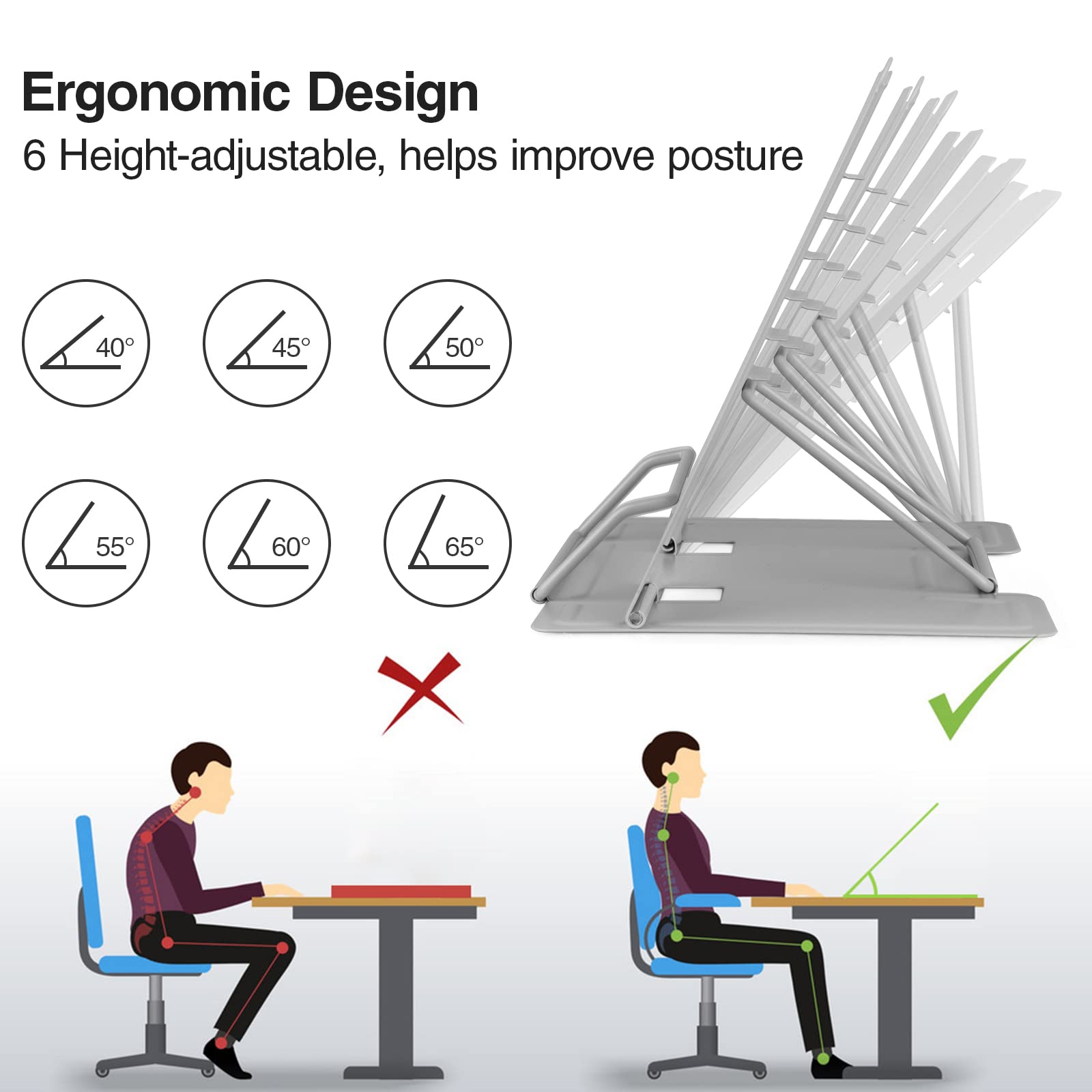 Support De Lecture Métal Réglable 6 Angles | Pupitre Livre Antidérapant Pliable | Pour Bureau, École, Cuisine