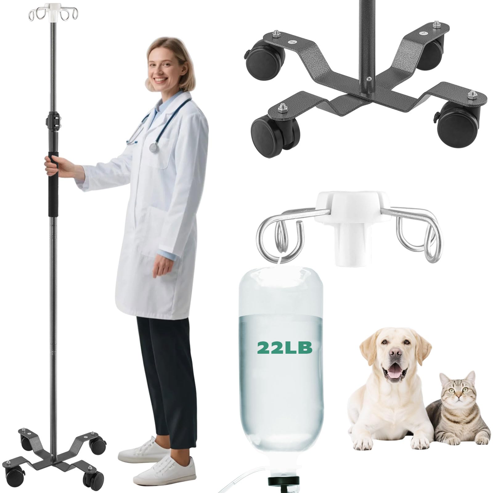 Soporte telescópico para piso con ruedas, 47 a 100 pulgadas, soporte para bolsa IV con 4 ganchos, soporte portátil para bomba de alimentación, tubo esmerilado, poste de extensión IV
