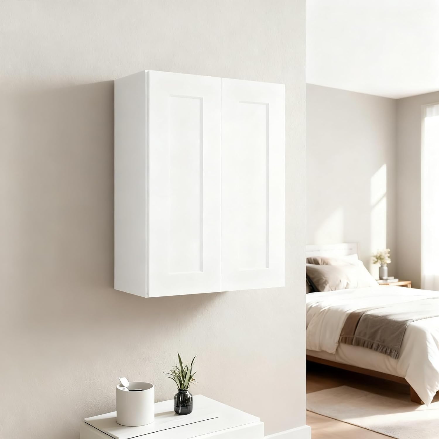 24 Inch White Shaker Double Door Wall Cabinet Solid Wood with 2 Adjustable Shelves Ready to Assemble for Kitchen,Bathroom,Laundry and Garage Storage(24" W×12" D×30" H)