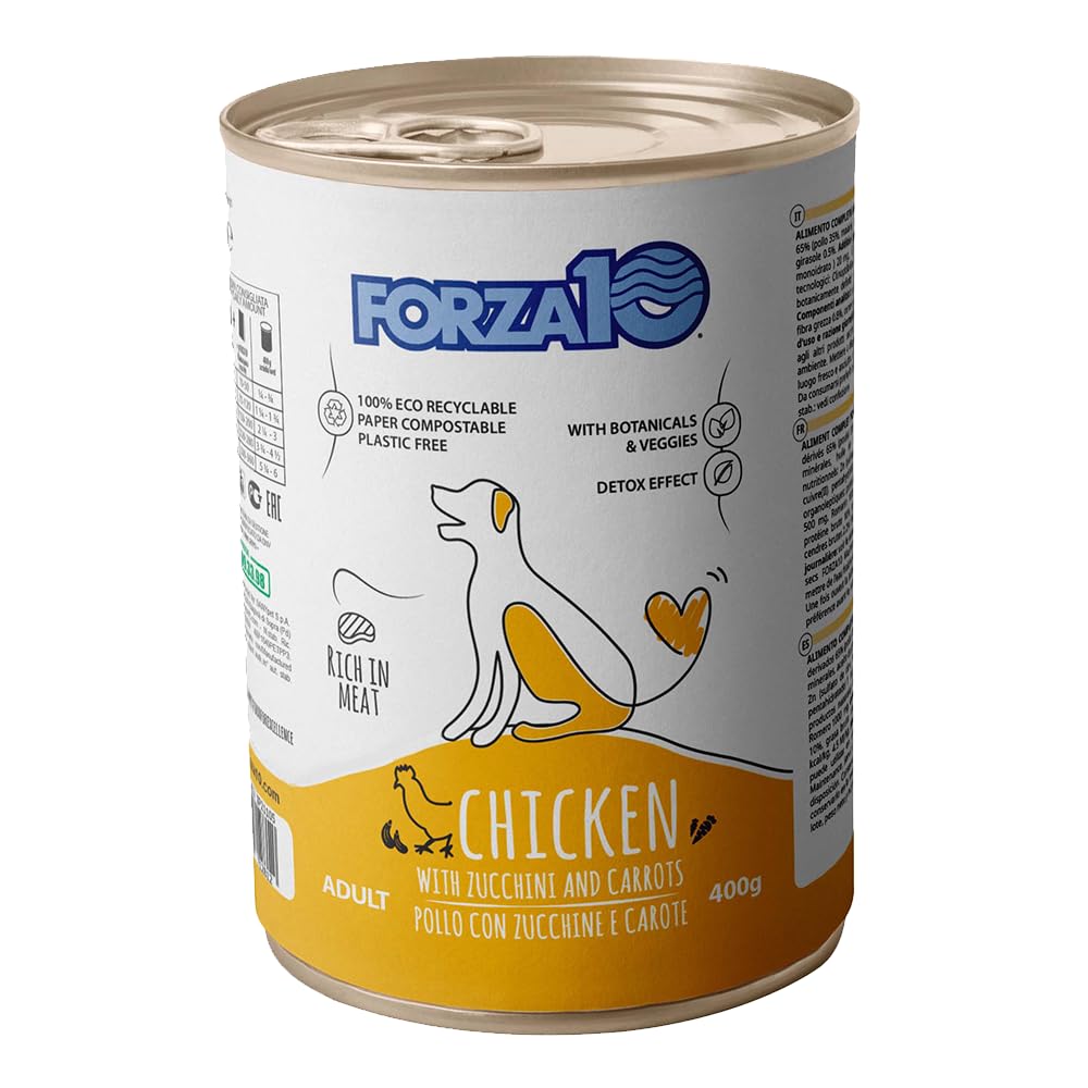 Pollo,Zucchine e Carote– Forza10 Cibo Umido per Cani Adulti di tutte le Taglie e Razze, Monoproteico, 12 Lattine x 400g, Alimento Completo Ricco in Carne.