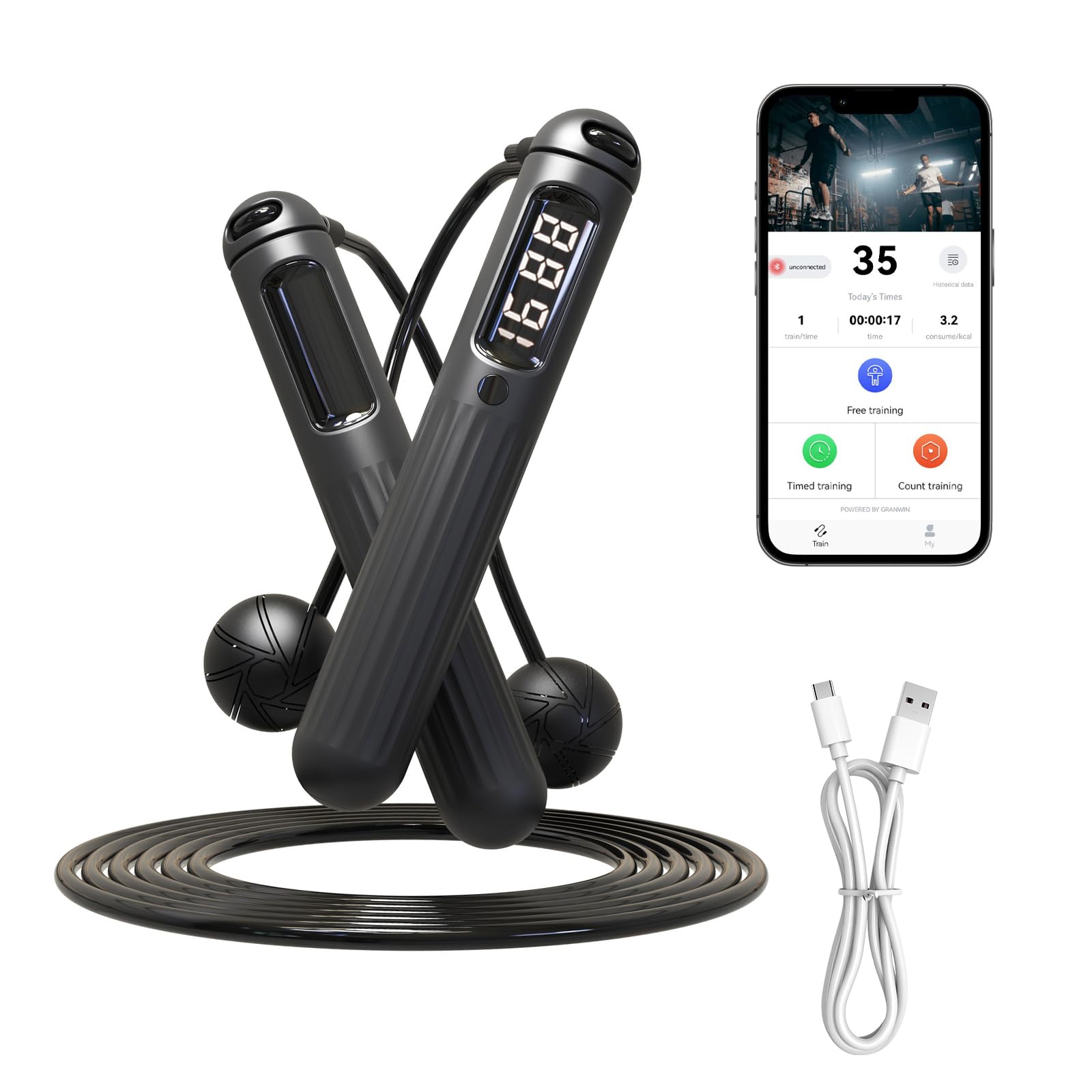 Cordless Skipping Rope with Counter, Type-C Weighted Skipping Ropes, Adults