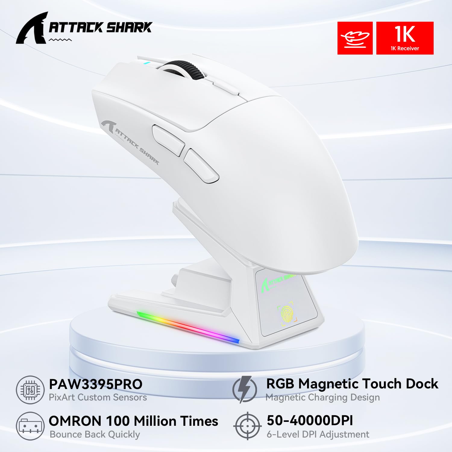 ATTACK SHARK X1 Gaming Mouse with Touchpad RGB Charging Dock, PixArt PAW3395PRO Gaming Sensor, BT/2.4G Wireless/Wired Gaming Mouse, 40000 DPI, 53g Superlight Gamer Mice for Win11/Xbox/PS/Mac (White)