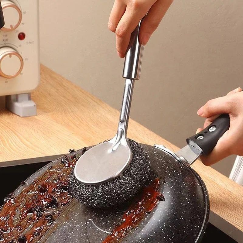 TRENDYQUORA Heavy Duty Stainless Steel Scrubber with Long Handle - Non-Scratch Wire Dish Brush for Cast Iron, Pots, Pans & Utensils | Burnt Food & Grease Remover, Kitchen Sink & Stove Cleaning Tool-image-11