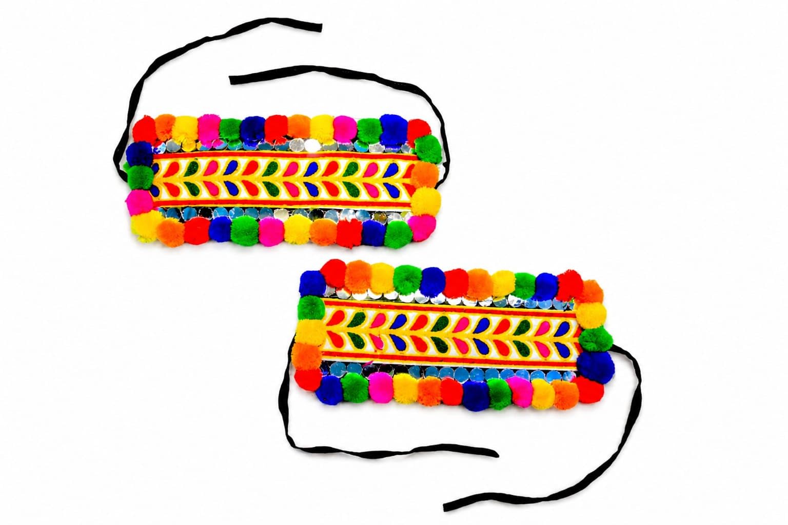 Navratri Handmade Pom Pom Arm Band Set for Women & Girls | Traditional Gujarati Bajuband | Garba Dandiya Festival Costume Accessory (Pair)-image-3