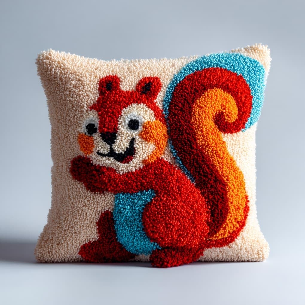 Henypt Latch Hook Cushion Kits for Adults 43x43cm,Smiling Squirrel Creative Latch Hook Pillow Case Kit for Christmas Home Sofa Decoration