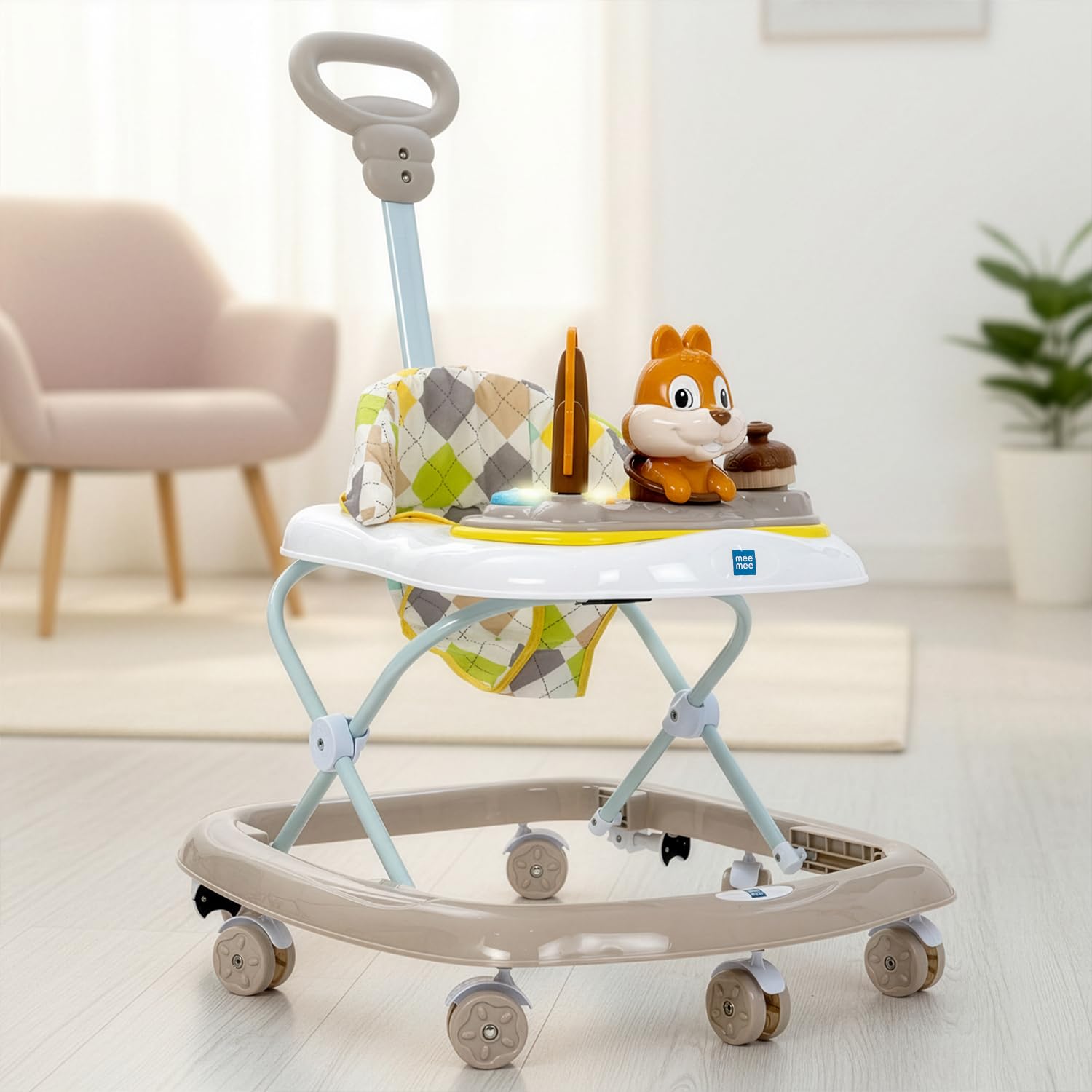 Mee Mee Rabbit Baby Walker for 6-24 Months Toddlers | 3 Level Height Adjustment with Integrated Lights, Detachable Food & Musical Toy Tray | Foldable Walker | Upto 15 Kgs | Beige Colour