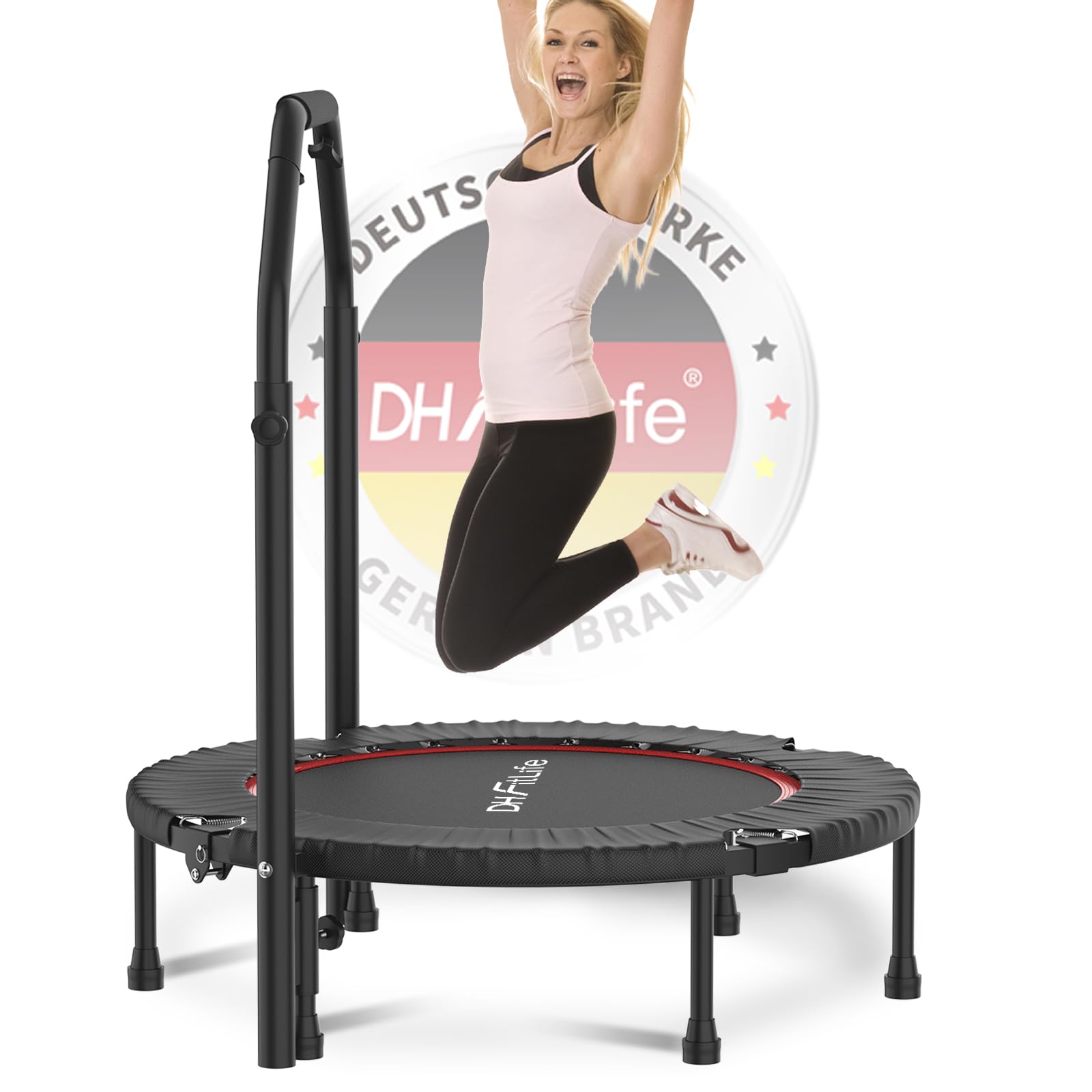 DH FitLife Trampolino Fitness Pieghevole per Interni senza Installazione | Ø 102 cm 40 Pollici Mini Trampolino | Portata 150 kg | Manico Regolabile a 4 Livelli | Stabile e Resistente