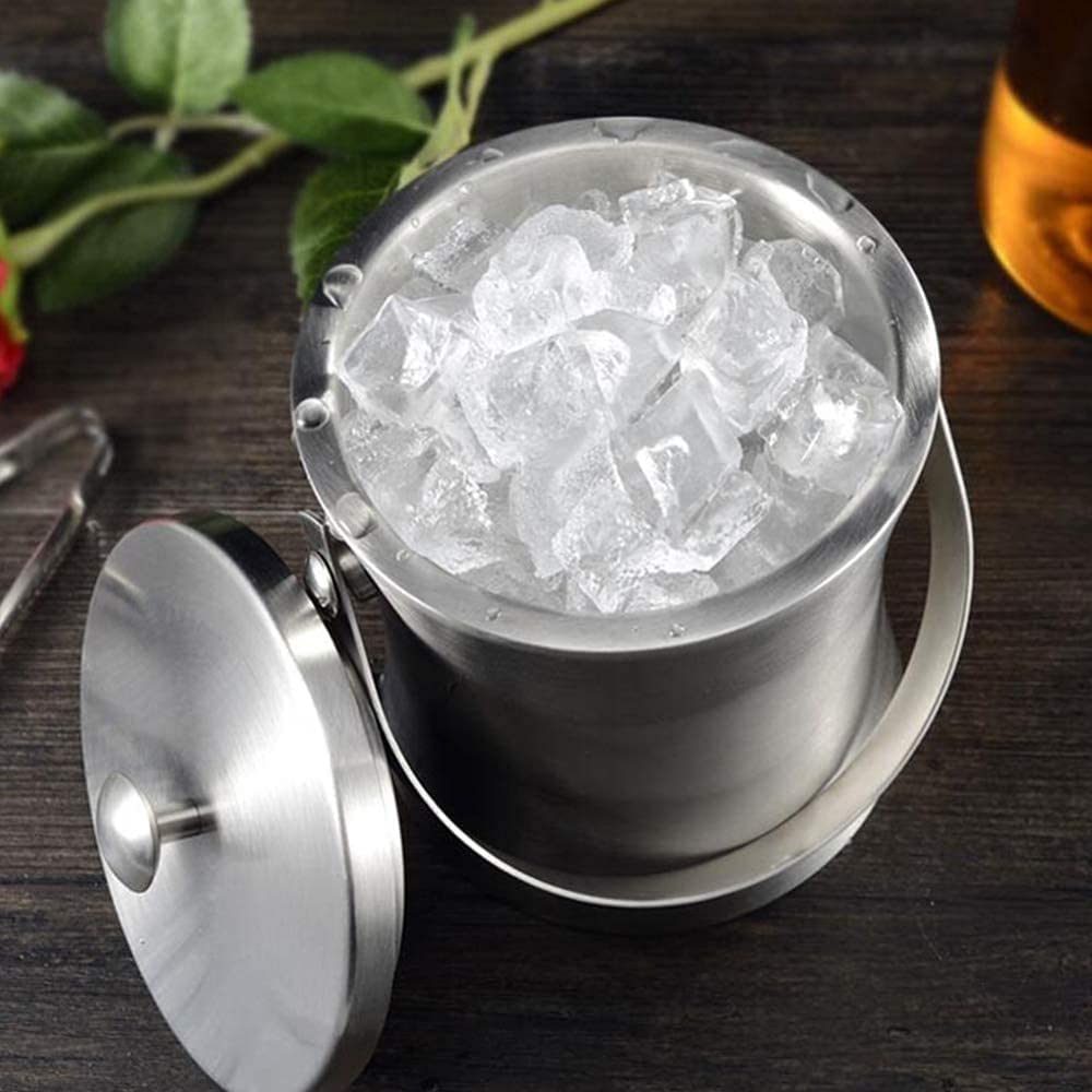 Juego de cubeta para hielo y pinzas para hielo Cubeta para hielo, cubeta para bebidas con enfriador de vino de doble pared con aislamiento, tapa y asa, cubeta para hielo de acero inoxidable, cub