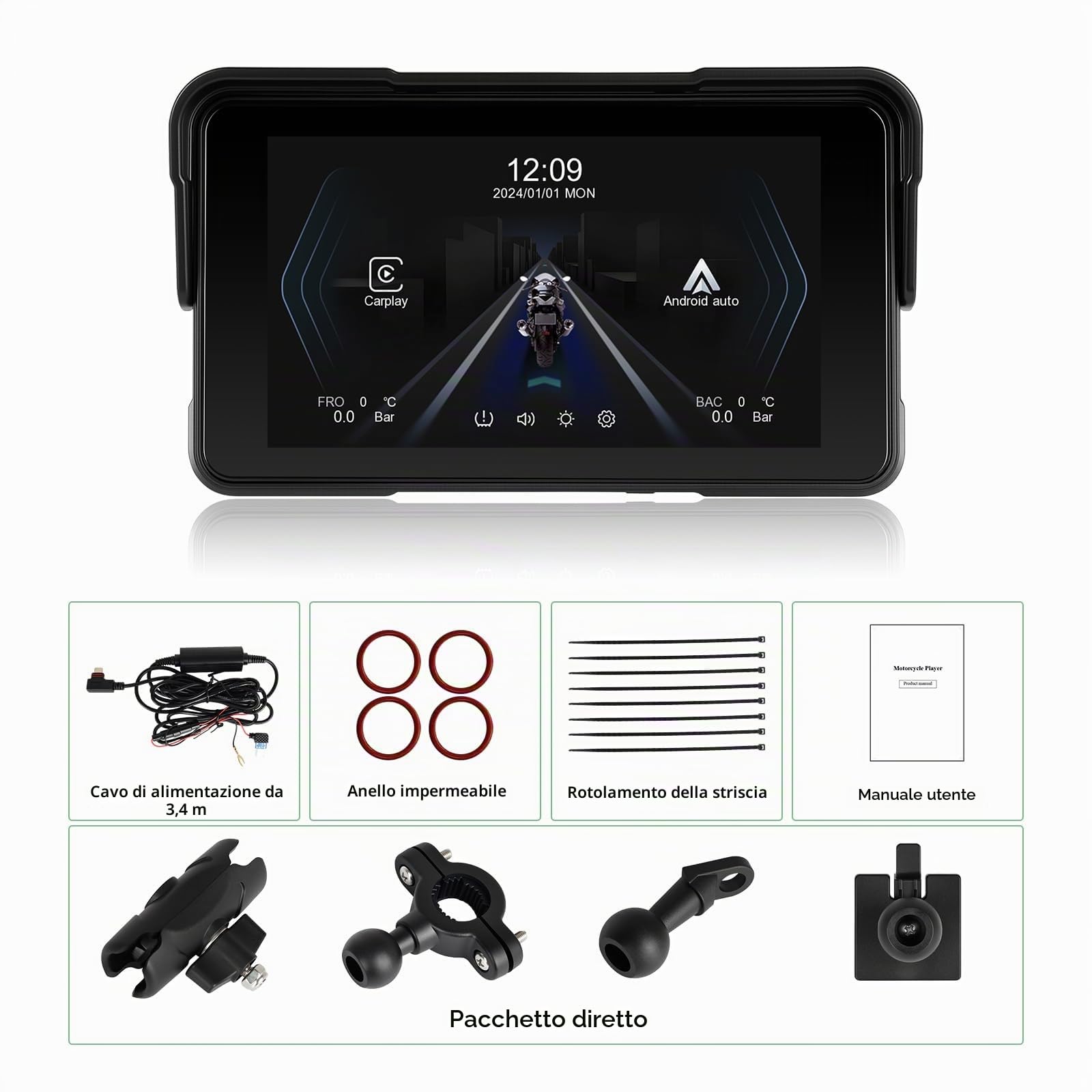SIXTOP CarPlay Moto con CarPlay e Android Auto Wireless, Portatile GPS Navigatore Moto, 5 Pollici Schermo Touch con Impermeabile IP68, Bluetooth e Siri
