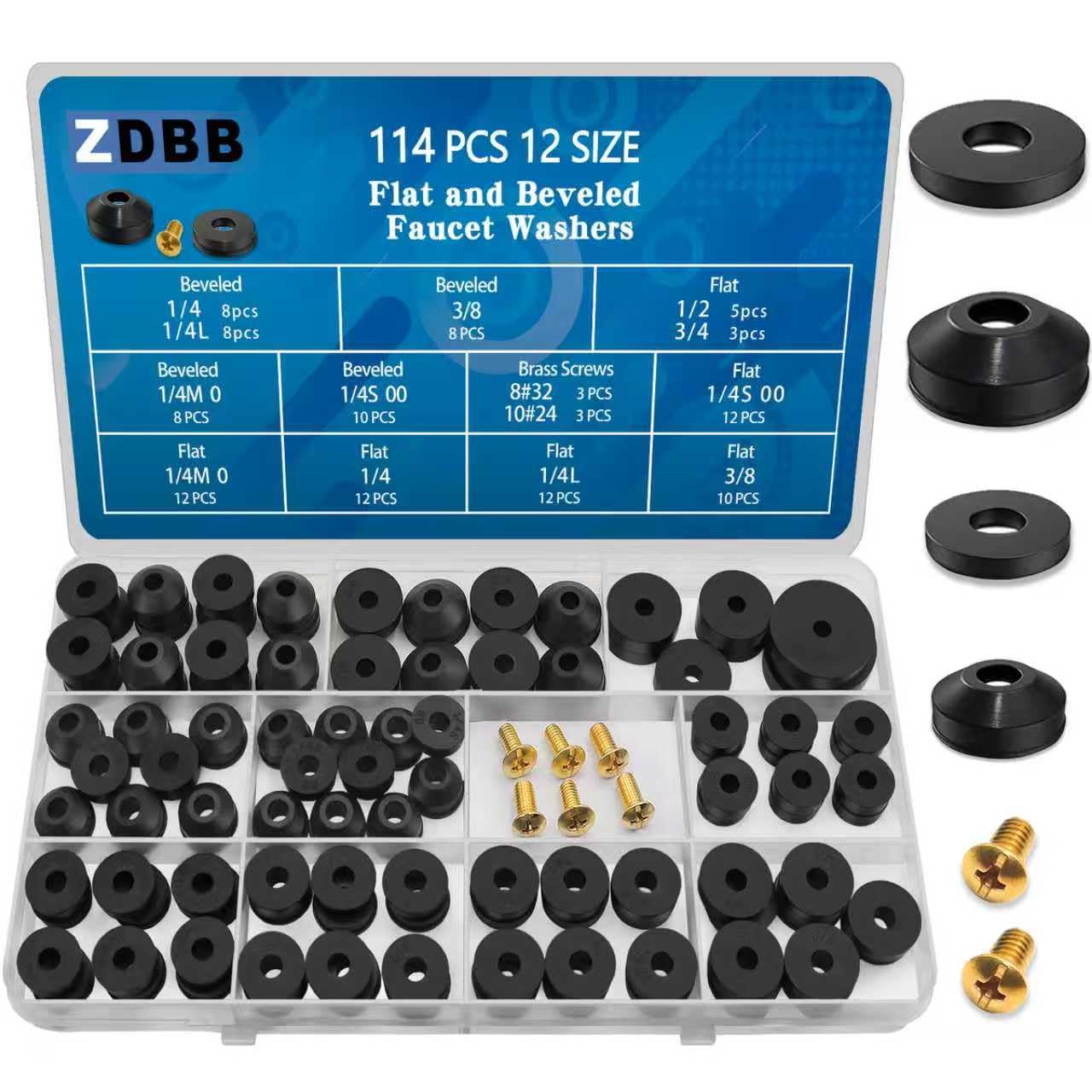 114 pcs Flat and Beveled Faucet Washers and Brass Bibb Screws Assortment for Use with Assorted Quick-Opening Style Faucets Stem Worn Out Washer Replacements Black