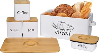 SOTECH Bread Box with 3pcs Jars Coffee Sugar Tea for Kitchen Countertop White Metal Bread Box with Bamboo Board Cover Pastry Storage Container Set Kitchen decor (bread box + jars + butter dish)