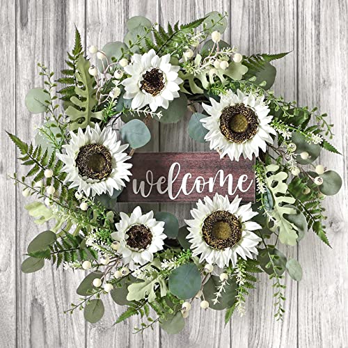 Image of PGANDS Eucalyptus Wreath for Front Door Sunflower Flowers Wreath for All Seasons with Welcome Sign Handmade Artificial Spring Garland for Front Door Garden Window Decor 20 inch