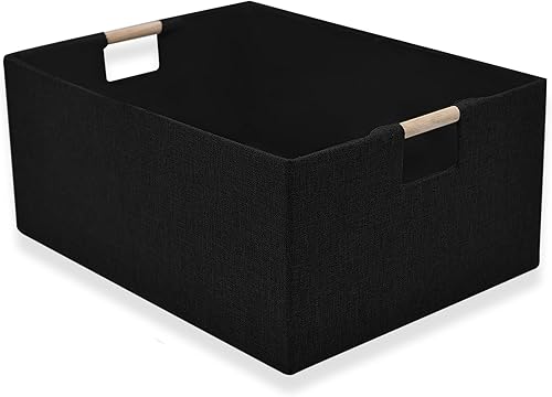 Cesta de almacenamiento de tela para estantes, contenedores de almacenamiento plegables con asas de madera, paquete de 2 cestas rectangulares para