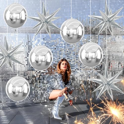 Image of 9 Pcs Silver Round Foil Balloons and Star Balloons 22 /18 4D Ball Balloon Metallic Silver Explosion Star Shaped Mylar Balloon for Graduation Birthday Wedding Anniversary Disco Prom Party Decor