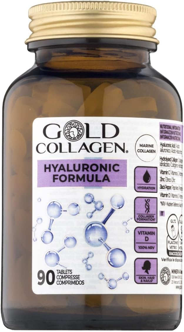 GOLD COLLAGEN Hyaluronic Formula - Collagene Marino con Acido Ialuronico, Vitamina C e D, Zinco, Integratori per Capelli Pelle, Unghie e Articolazioni - 90 Compresse