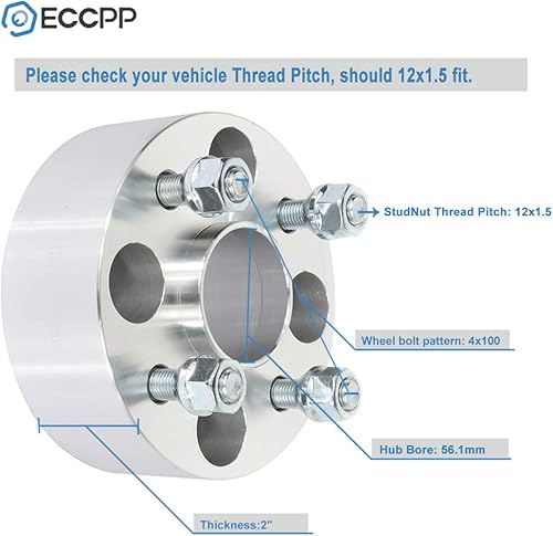 Miniatura 2 de ECCPP 4 adaptadores espaciadores de rueda de 4 x 100 de 2 pulgadas centrados 4 lengüetas 4x100 a 4x100 12x1.5 pernos de 2.209 in CB se adapta a