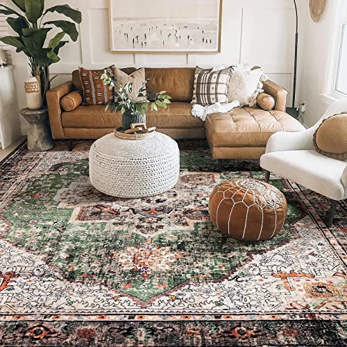 Yesrug 8X10 Area Rugs For Living Room Green Boho Rug Washable Rug Persian Vintage Rug Low Pile Non-Slip Large Rug For Bedroom Dining Room #TOP2