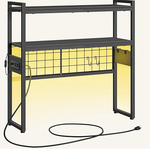 Miniatura 10 de HOOBRO Estantería de escritorio, organizador de escritorio de 2 niveles, estante de almacenamiento de oficina de madera de 29.9 pulgadas con tomas,