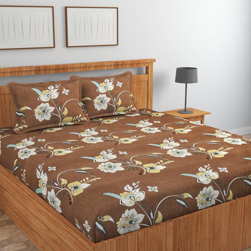 Image of NHD HOME Premium Cotton Flat Double Bedsheets with 2 King Size Pillow Covers | Double Bed Breathable | Wrinklefree | Ultrasoft 220 tc Supersoft Floral | 90x90 Inches, Brown