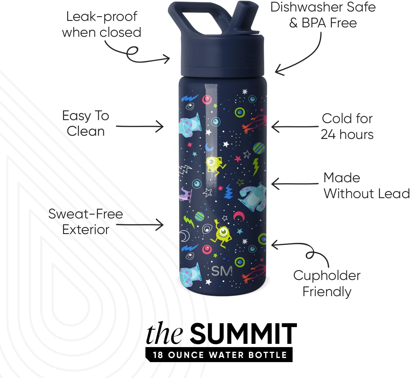 Simple Modern Kids Summit Water Bottle with Straw Lid | Disney Pixar Monsters Inc 18oz Stainless Steel Cup Insulated Tumbler for Boys, Girls, School | Dream Team - Image 2