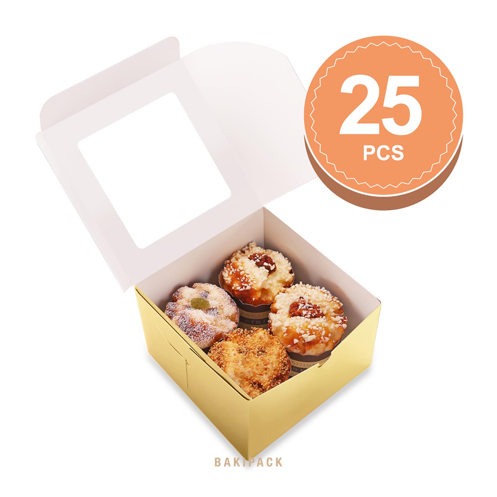 25 cajas doradas de panadería con ventana de 5 x 5 x 3.5 pulgadas, cajas de postre para llevar con ventana, cajas de dulces para panadería pequeña, postre, dulces, galletas, pastelería