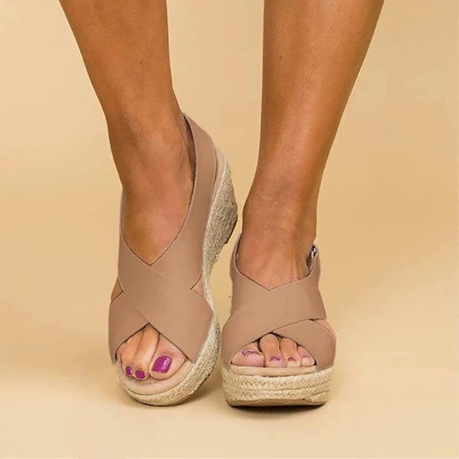 HHZY Sandals Womens Wedge Summer Ladies Faux Leather Sandal Open Toe Platform Walking Shoes Thick Bottom Buckle Ankle Strap Comfortable Shoes,Brown,US8/EU39