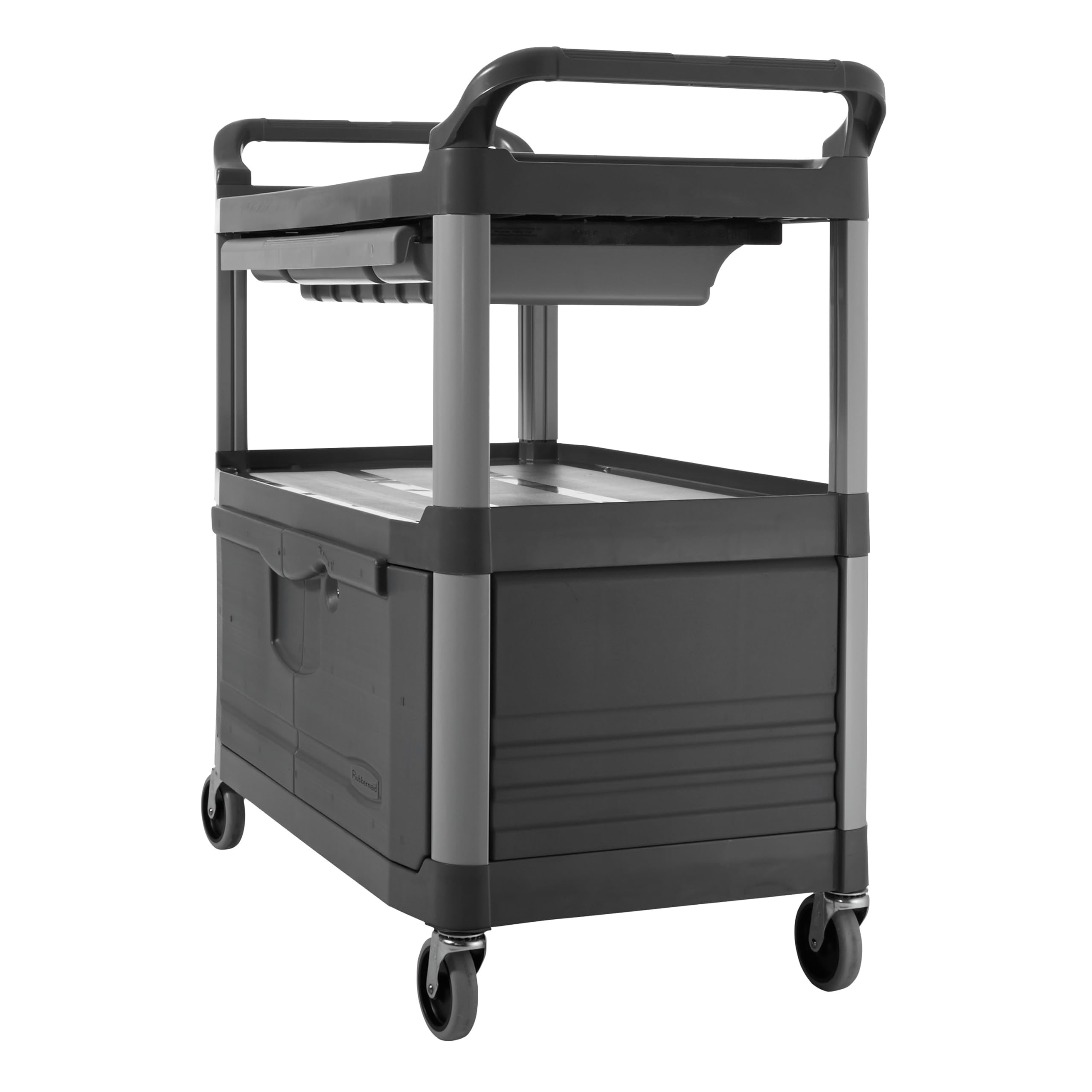 Heavy Duty 2-Shelf Rolling Service/Utility/Push Cart with Lockable Doors and Sliding Drawer 300 lb. Capacity Black for Maintenance/Restaurant/Cleaning