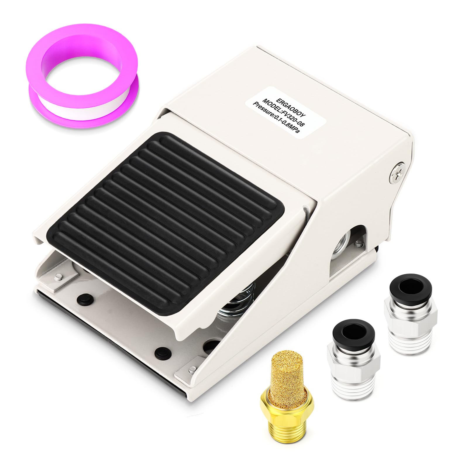 Kit de vanne à pédale pneumatique, 1/4" BSP 3 voies 2 positions filetée en caoutchouc antidérapante avec contrôle de pression FV320 et raccords 6 mm