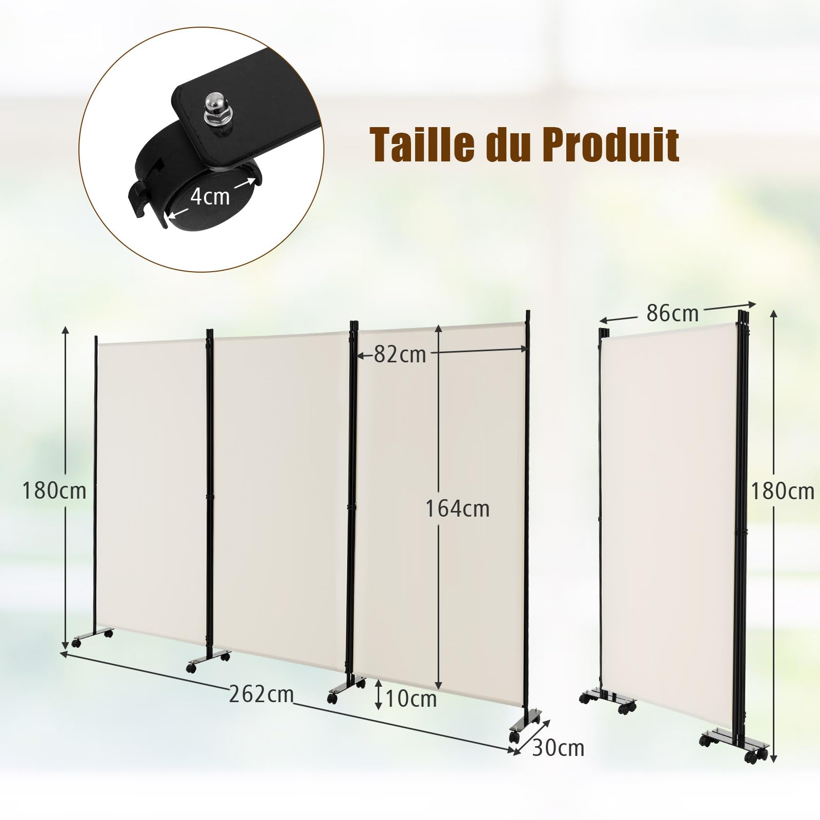 GIANTEX Paravent de séparation de pièce, 262 x 180 cm, avec roulettes, 3 pièces, Pliable, en Tissu, en Fer, séparateur Mural privé pour Chambre à Coucher, Bureau (Beige)