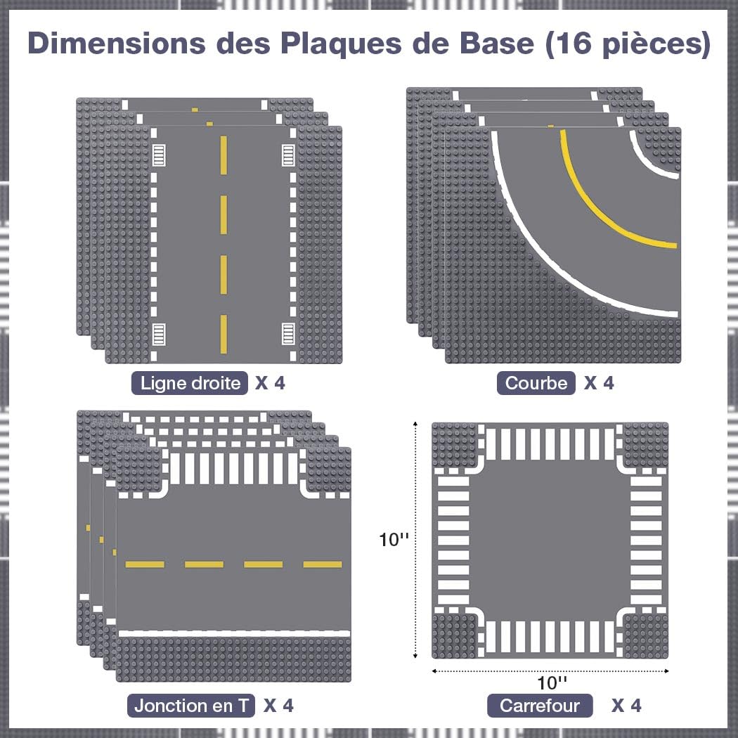 Lekebaby 16 plaques de Base pour la Ville, plaques de Route 100% compatibles avec la Plupart des Marques, 4 Courbes/ 4 jonctions en T/ 4 Droites/4 jonctions