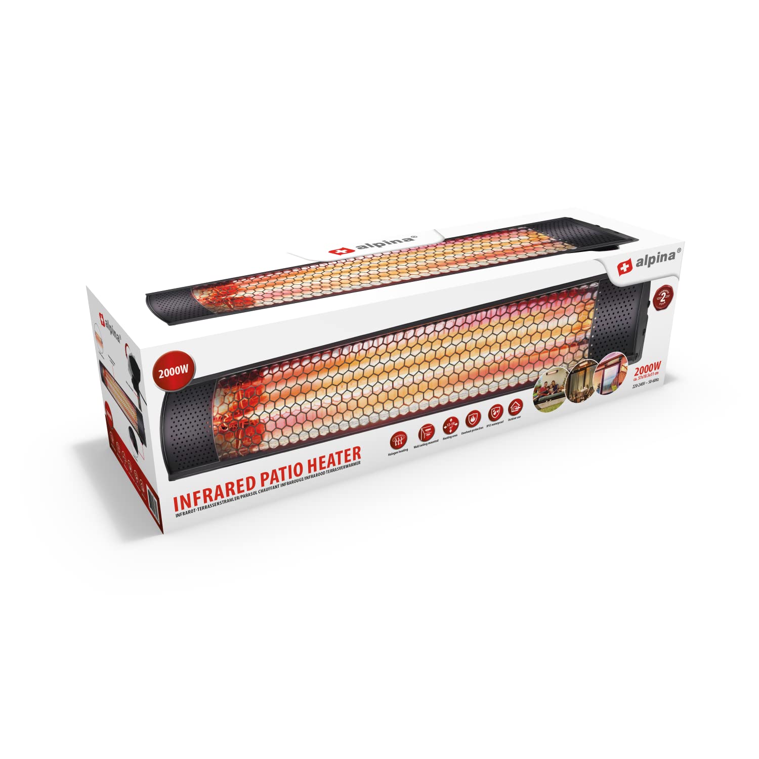 alpina XD-YS2000DE - Stufa a infrarossi 2000 W, per uso interno ed esterno, certificato IP55, fissaggio a parete o soffitto, 57 x 11,5 x 11 cm, colore: Nero