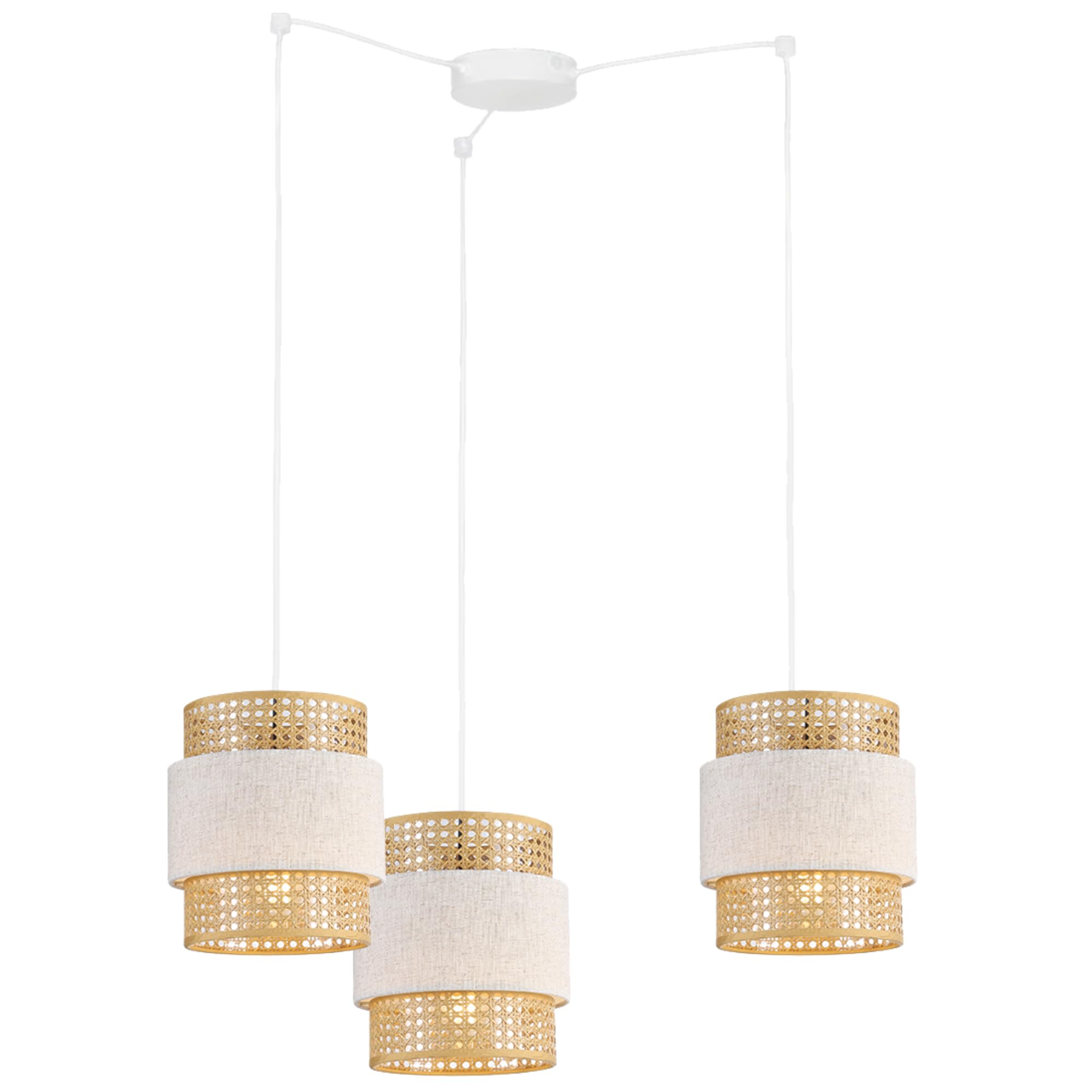 GTV ABRA lámpara colgante 3 luces Ø20 cm – colgante de techo en tejido y ratán color crema, E27 máx.40 W, altura regulable, diseño boho natural ideal para comedor, salón o dormitorio