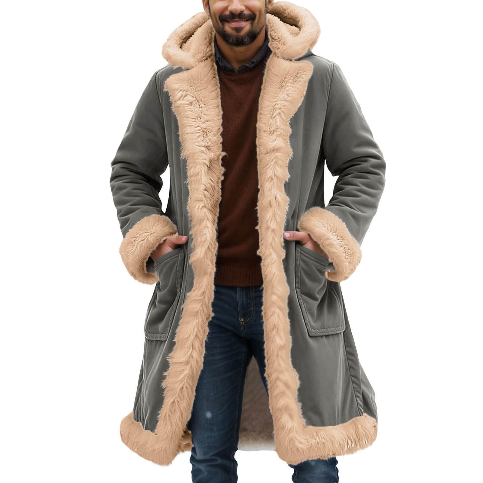 Generisch Cappotto invernale da uomo, lungo, in pelle scamosciata, con colletto alto, foderato, caldo, cappotto da uomo, a maniche lunghe, oversize, per attività all'aria aperta