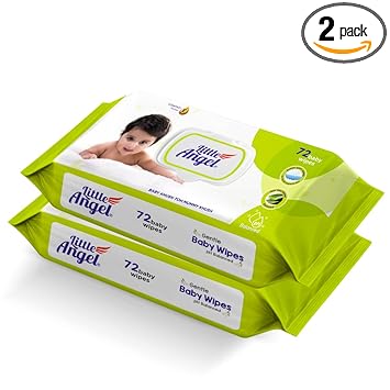 Little Angel Super Soft Cleansing Baby Wipes Lid Pack, 144 Count, Enriched with Aloe vera & Vitamin E, pH balanced, Dermatologically Tested & Alcohol-free, Pack of 2,72 count/pack - image, photos