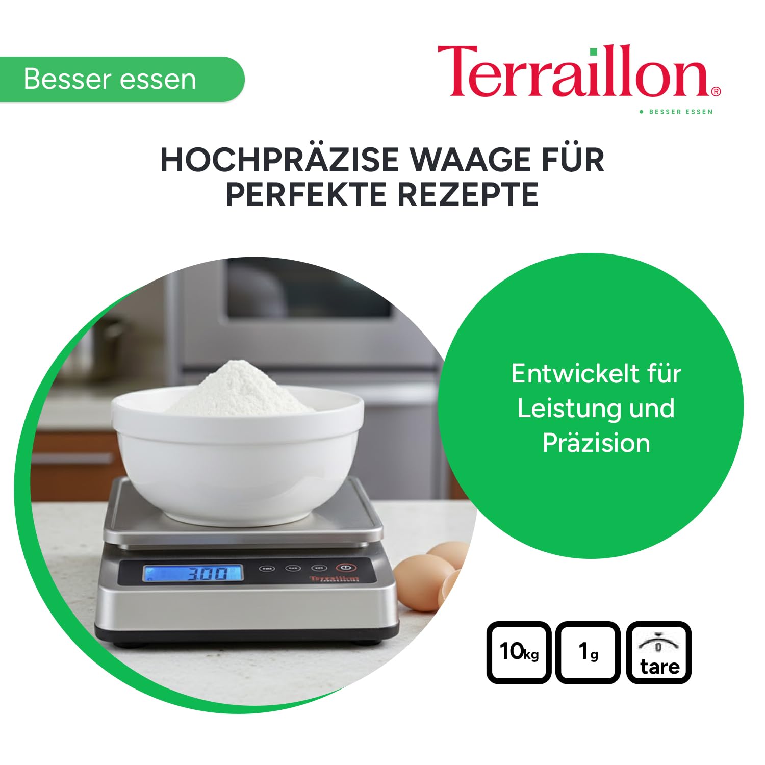 TERRAILLON - PRO 10 – Professionelle elektronische Küchenwaage, groß, abnehmbarer Tablett, Edelstahl, 29 x 18 cm, IP67, Kapazität 10 kg, Skala 1 g, LED-Display mit Hintergrundbeleuchtung – Edelstahl
