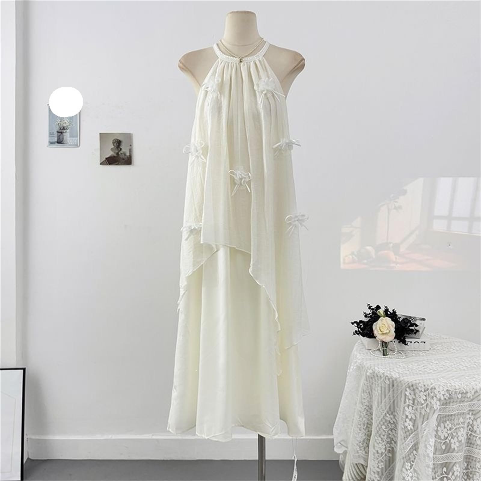 Verano suave moda versátil dulce vacaciones fresco Color puro cuello colgante vestido de tirantes atmósfera elegante viento