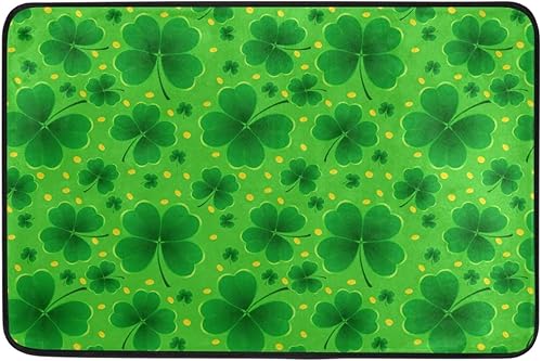 Tapete de trébol con hojas de la suerte monedas dorado para interiores y exteriores para entrada baño lavable primavera para decoración del hogar