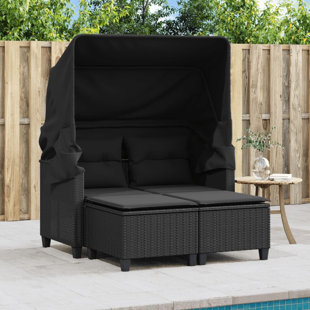 Willood Gartensofa 2-Sitzer mit Dach und Hockern Schwarz Poly Rattan Das Material ist langlebig, robust, pflegeleicht, leicht und einfach zu reinigen,Abnehmbar und waschbar