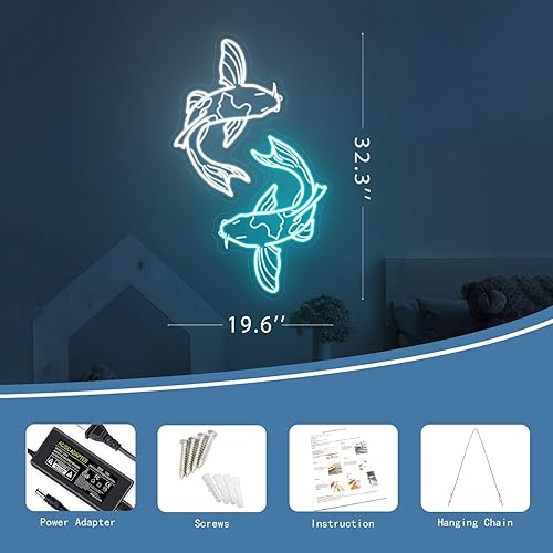 Miniatura 3 de Koi Fish - Letrero de neón hecho a mano, tatuaje tradicional japonés, luz LED de neón, dos ilusiones blancas y azules grabadas en 3D, lámpara de